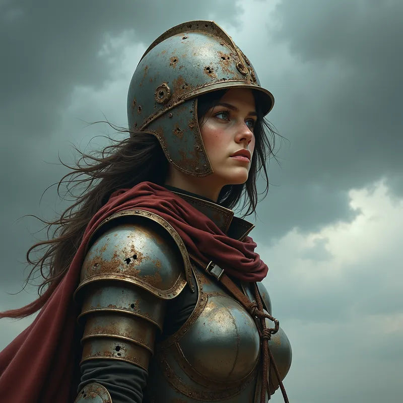 Timeworn Warrior - A battle-hardened woman with disheveled hair and gaps in her teeth, wearing a dented and rusted medieval helmet, standing under a stormy sky. - AI image generated with Photorealistic 2 - fantasy art