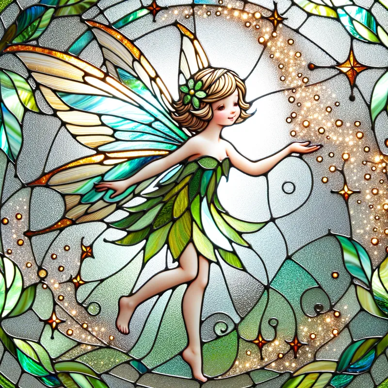 Tinkerbell's Pixie Dust Trail - A stained glass image of Tinkerbell leaving a trail of shimmering pixie dust in her wake, creating a mesmerizing and magical effect. - AI image generated with Art - stained glass image