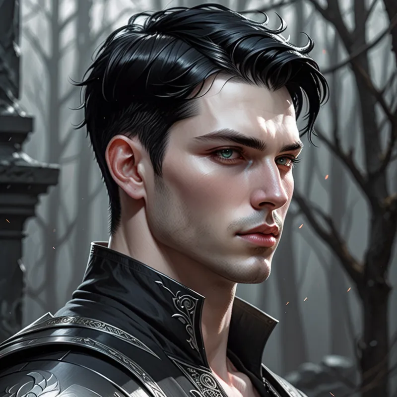Tired Gray-Eyed Noble (Profile) - a handsome man with short, jet black hair. He has pale skin and striking, sharp features. his gray eyes look tired. - AI image generated with Fictional - fantasy art, profile view