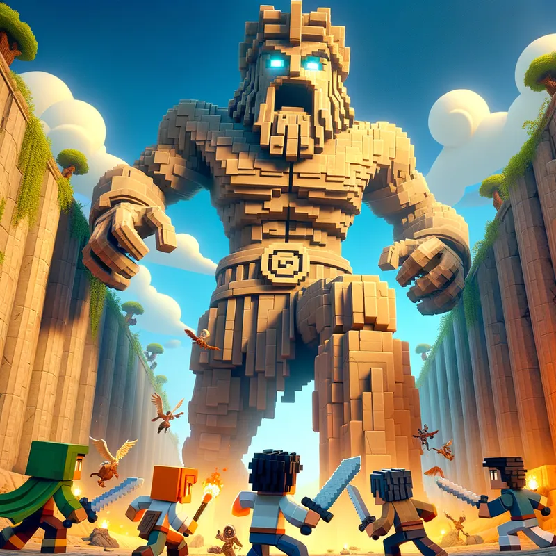Titans vs Blocks - Cartoonish Roblox avatars engaging in a fierce fight against a massive, towering titan from the Attack on Titan universe, set against the backdrop of the series' iconic walls. - AI image generated with Art