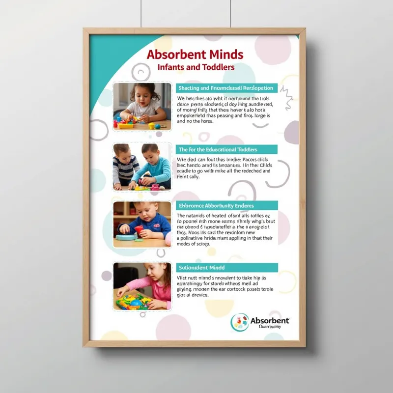 Toddler Development Insights - A visually engaging poster called 'Absorbent Minds: Infants and Toddlers' featuring four photographs of young children interacting with educational toys. Each image is described with informative text on developmental milestones. - AI image generated with Text