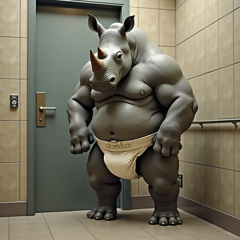 Toilet Tension - An extremely muscular rhino, clad in a thick diaper, showing signs of impatience and urgency as it waits in front of a locked public restroom door. - AI image generated with Photorealistic 2