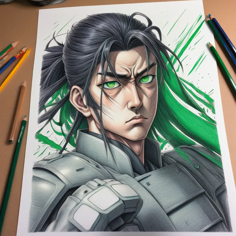 Toji Fushiguro Dramatic Scene - A dramatic color pencil drawing inspired by Toji Fushiguro, featuring an intense anime-style fighter with dark hair and green eyes surrounded by bold shading and expressive sketch lines. Cinematic composition, layered colored pencil textures, and a striking handmade illustration look. - AI image generated with Photorealistic