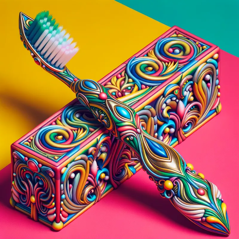 Toothbrush Extravaganza - A maximalist toothbrush with intricate patterns, bright colors, and luxurious details, displayed in a whimsical and somewhat colorful setting. - AI image generated with Art