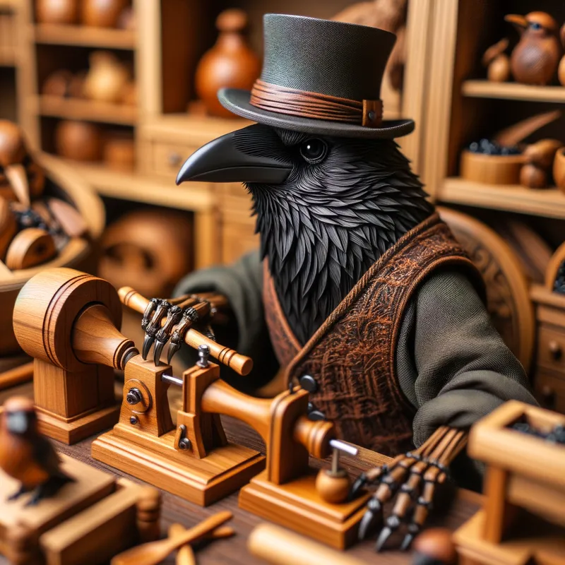 Top Hat Craftsman - A close-up of a raven focused on working with woodworking tools, featuring a dapper top hat, surrounded by beautifully crafted wooden items. - AI image generated with Art