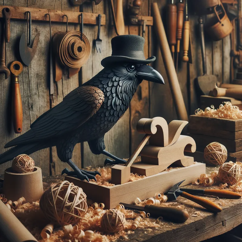Top-Hatted Raven Artisan - A charming raven, wearing a top hat, working diligently on a wooden sculpture inside a rustic woodworking shop filled with shavings and tools. - AI image generated with Art