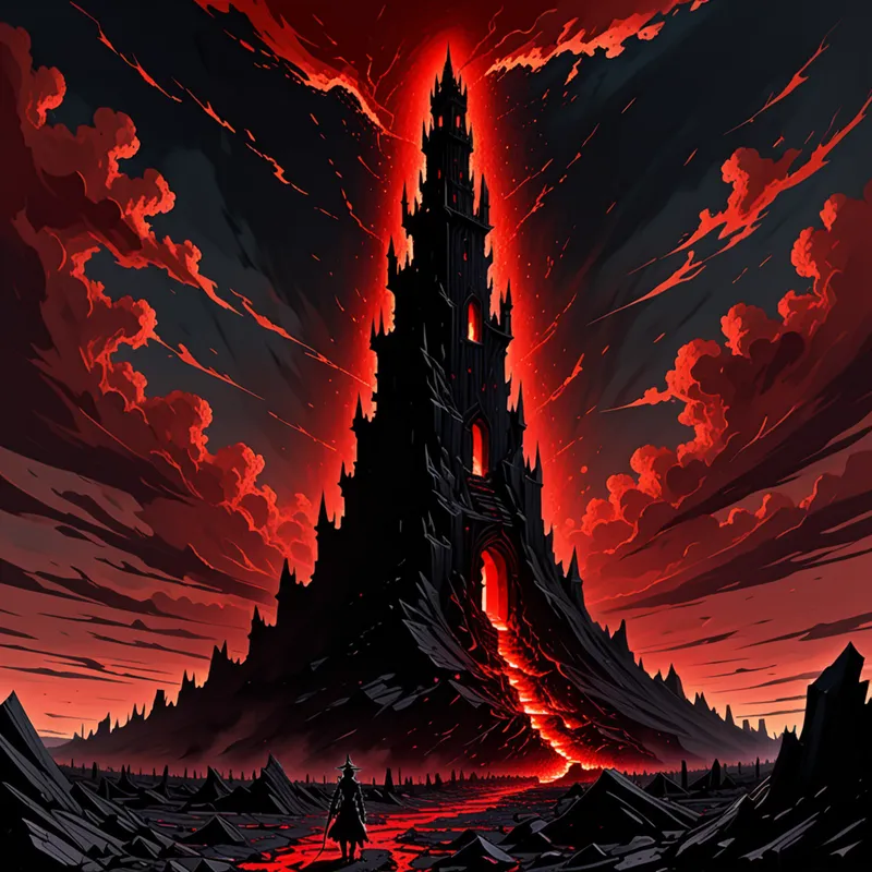 Tower of the Pulseless Red Sky - Under a sky glowing with pulsing, cloudless blood red light, an infinite wasteland of shattered black ground extends to the horizon. White ash covers every surface, swirling slightly in an unfelt wind. Looming on the horizon, the silhouette of a dreadful black stone tower cuts into the fiery sky, its presence both foreboding and mysterious. - AI image generated with Fictional - fantasy art