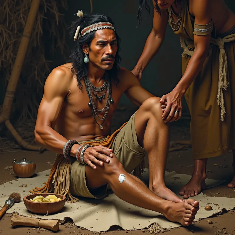 Traditional Healer Aid - A realistic image of an Indian man with an injured leg receiving traditional healing aids, surrounded by cultural elements and tools. - AI image generated with Photorealistic 2