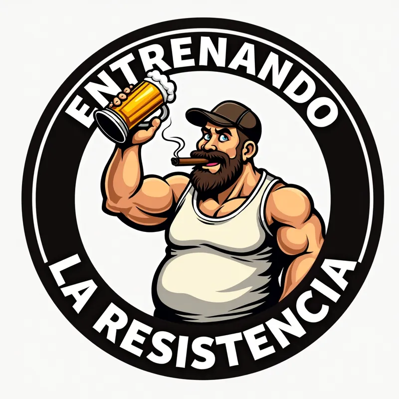 Training Resistance Logo - Illustrate a round logo depicting a caricature of a bulky man in a sleeveless shirt, raising a beer stein, with a cigar in his mouth and a hat on his head. 'ENTRENANDO' should be inscribed at the top, and 'LA RESISTENCIA' at the base. - AI image generated with Text