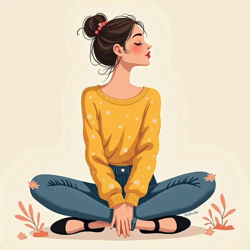 Tranquil Ballerina - A lovely digital illustration featuring a ballerina in a crosslegged sitting position on the floor, wearing black ballet pointe shoes. She is dressed in a cheerful yellow sweater and blue jeans embellished with delicate flowers, reflecting a moment of peacefulness and elegance. - AI image generated with Photorealistic 2 - doodle, cartoony
