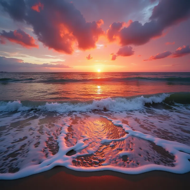 Tranquil Beach Sunset - A serene beach at sunset with waves gently lapping at the shore, the sky ablaze with vibrant hues of orange, pink, and purple as the sun dips below the horizon. - AI image generated with Photorealistic 2