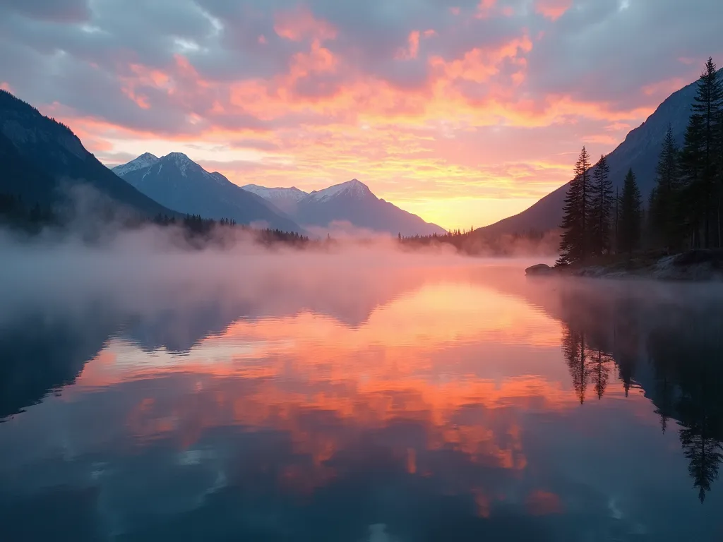 Tranquil Sunrise Lake - A beautiful, serene lake at sunrise, with mist rolling off the water, mountains in the distance, and colorful reflections shimmering on the surface. - AI image generated with Photorealistic 2