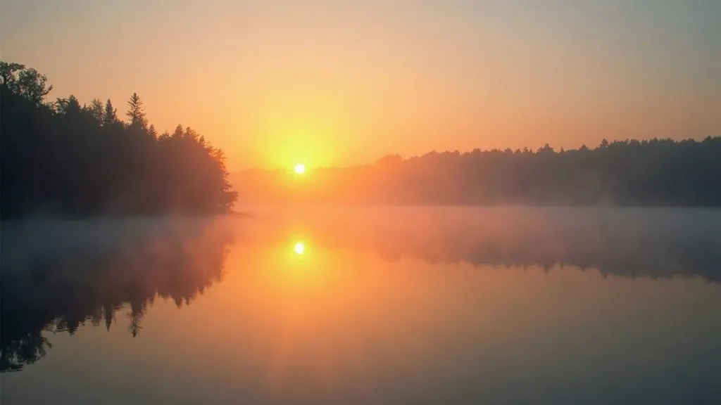 Tranquil Sunrise Over Misty Lake - A peaceful sunrise over a tranquil lake, with the sun's rays gently piercing through a thin layer of morning mist. - AI image generated with Krea