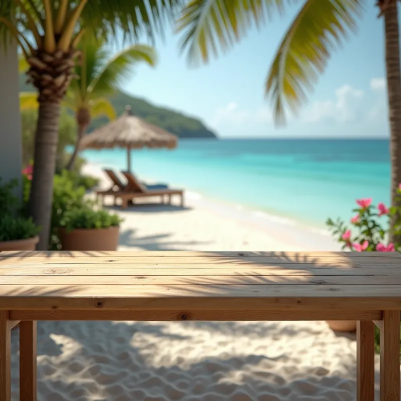 Tranquil Terrace by Sea - focus on an empty light wood table, seen from above, on the terrace of a small house. On the side, the beach and the calm, turquoise sea. there are palm trees and some exotic flowers. the atmosphere is shaded and bright.
the whole photo is clear. - AI image generated with Photorealistic 2 - photorealistic