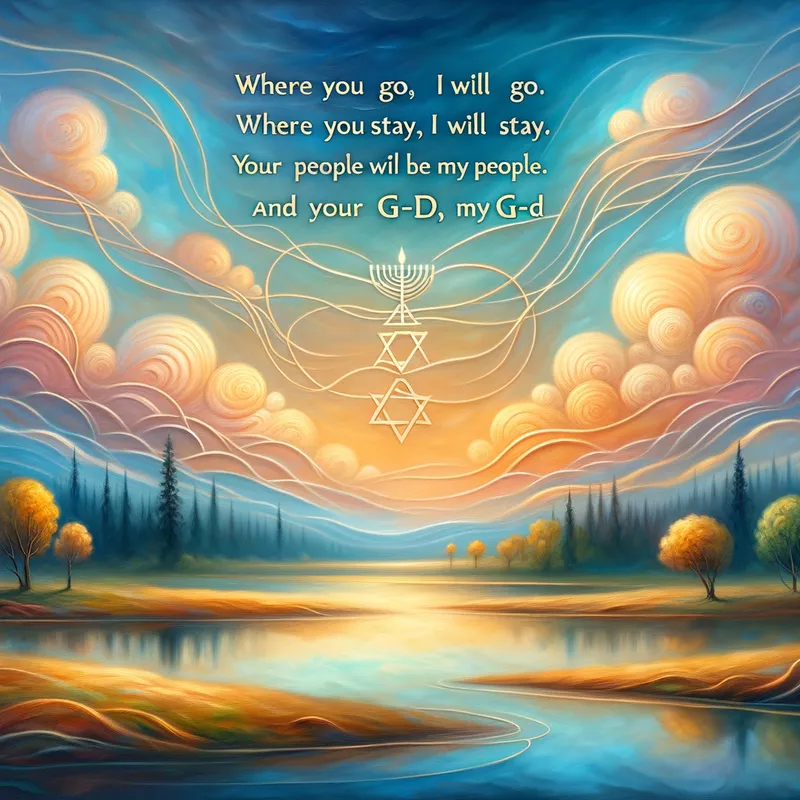 Tranquil Unity - A peaceful, impressionistic landscape illuminated by soft, warm light. Jewish symbols like the Star of David and menorah are delicately woven into the scenery. The phrase 'Where you go, I will go. Where you stay, I will stay. Your people will be my people, and your G-d, my G-d' flows eloquently across the sky like drifting clouds. - AI image generated with Art