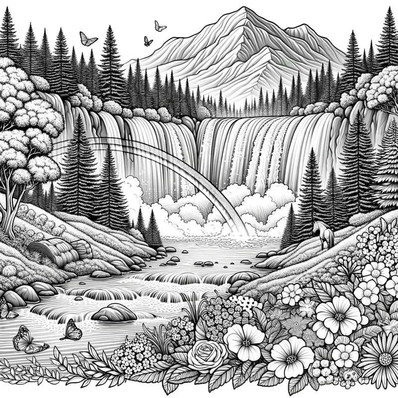 Tranquil Waterfall - Adult coloring page of a mountain nature seen with a bubbling water fall and a rainbow flowing out of the water fall. Trees, some flowers and wildlife in the distance. Black and white no colors, no green. Black and white outline  - AI image generated with Art - sketching