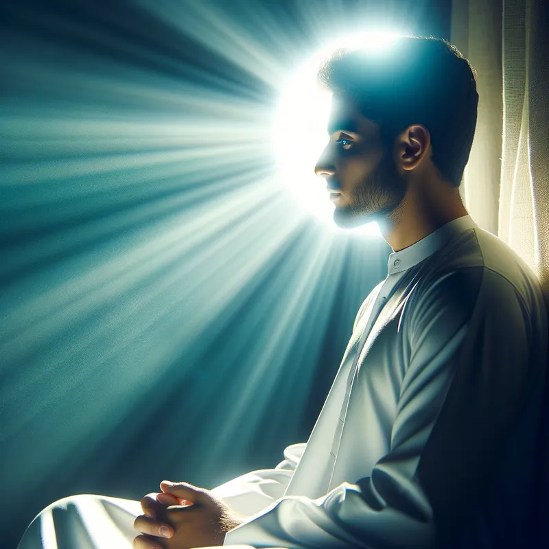 Transcendent Moment - A serene and reverent scene where a person is shown in deep contemplation, with the holy spirit's radiance casting a glow upon them. - AI image generated with Art