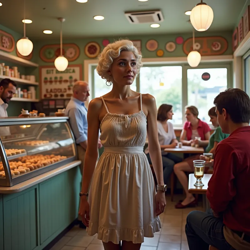 Transformation Unveiled - Inside a charming, bustling donut shop, a young woman is unmasking herself by removing a realistic old lady mask. The mask is now hanging around her neck, and she's still in a detailed old lady bodysuit. The shop is filled with patrons enjoying their donuts, unaware of the transformation happening in their midst. - AI image generated with Photorealistic 2