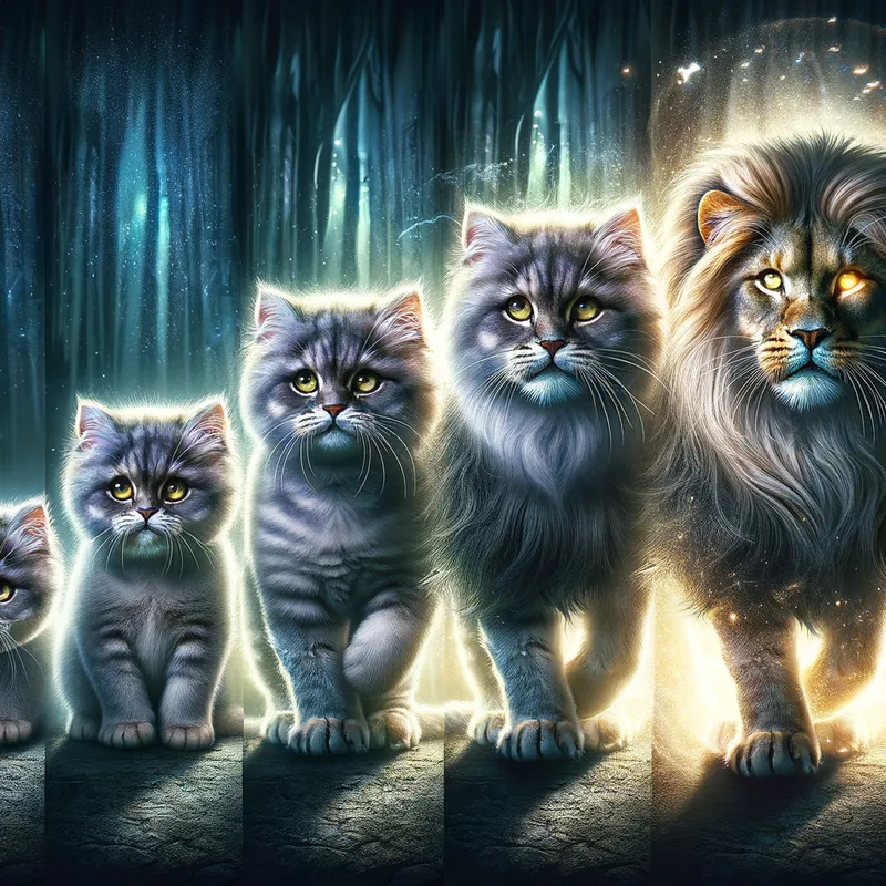 Transformation of Cat to Lion - An image of a cute domestic cat starting to transform into a majestic lion. The scene captures different stages of the transformation, where the cat's fur becomes thicker, its body grows larger, and its eyes turn fiercer. The background shows a mystical, magical setting, with a subtle glow surrounding the cat as it undergoes its transformation. - AI image generated with Art