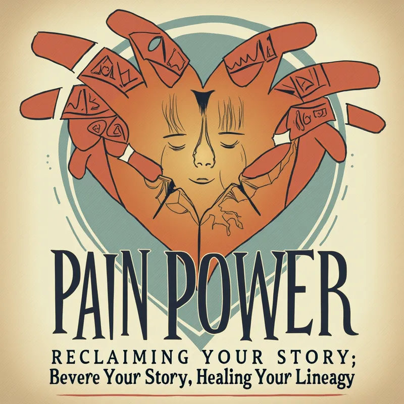 Transformative Trauma Design 1 - An evocative design that includes 'Pain As Power: Reclaiming Your Story, Healing Your Lineage' with visual metaphors of emotional scars being mended and woven into a stronger narrative, symbolizing resilience and empowerment. - AI image generated with Photorealistic 2