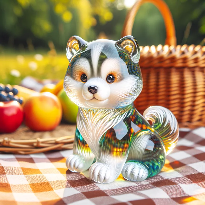 Transparent Husky Pup - A nice and cute blown glass baby husky, natural colors, bright and transparent, on the picnic. - AI image generated with Art