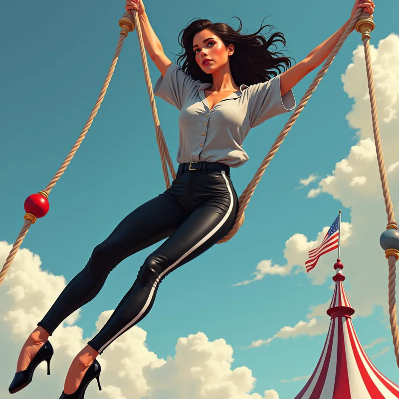 Trapeze Artistry - Anime-inspired digital art of a beautiful Latina ballerina swinging on a circus trapeze. She is elegantly dressed in a grey blouse, black and white striped leather jeans, and black ballet pointe shoes, highlighting her refined grace and strength. - AI image generated with Photorealistic 2 - alcohol ink, cartoony, colorful