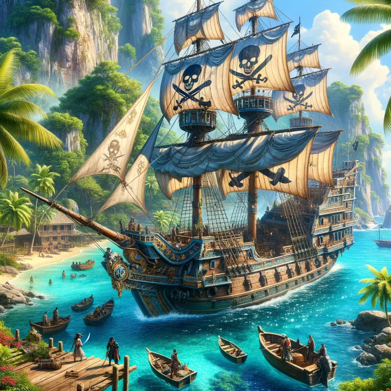 Treasure Cove - A pirate ship anchored in a secluded, tropical harbor, with lush greenery and crystal-clear waters showcasing its grand arrival. - AI image generated with Art