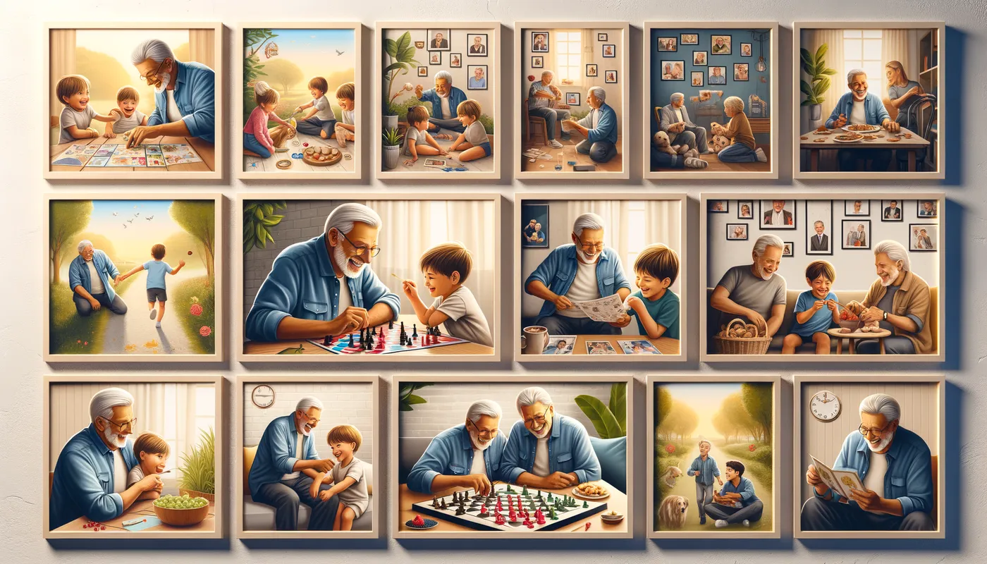 Treasured Moments - A collage of framed photos illustrating joyful interactions between a father-in-law and his grandchildren, highlighting the cherished and anticipated times he feels entitled to share with them. - AI image generated with Art