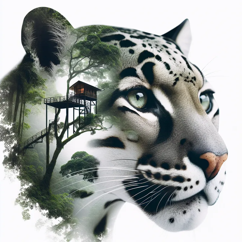 Treehouse in Clouded Leopard Silhouette - A clean, modern double‑exposure composition: a realistic clouded leopard portrait blended seamlessly with a jungle treehouse inside its silhouette, using soft masking, gradient fades, and high‑contrast lighting on a white minimalist background - AI image generated with DALL-E 3