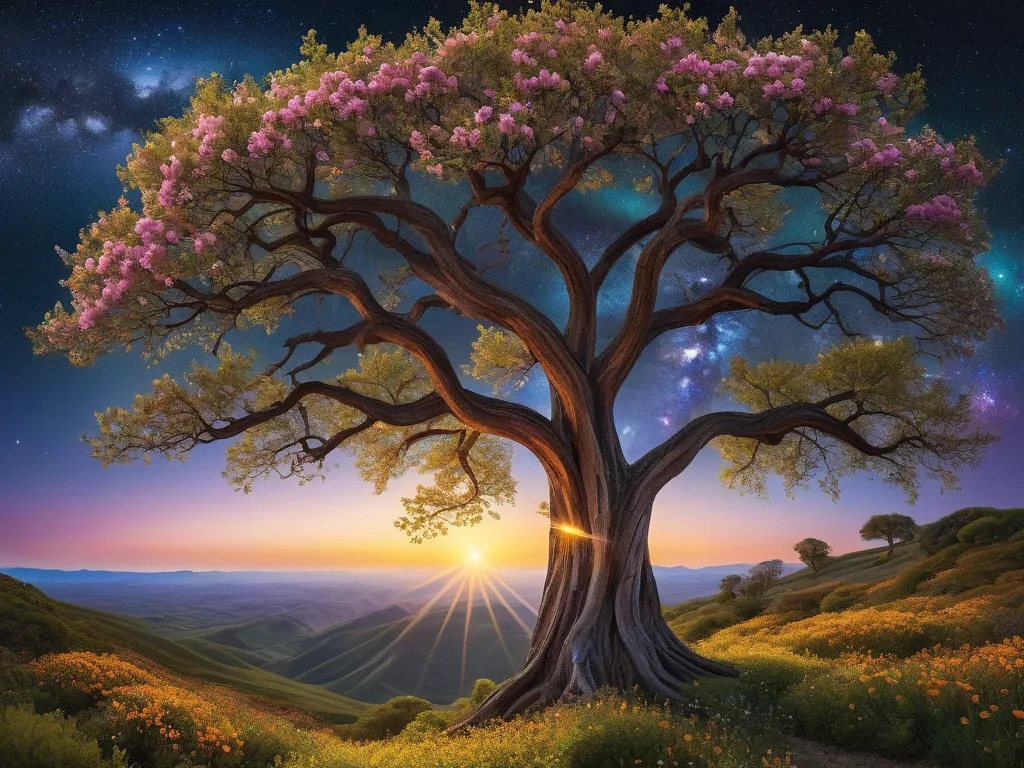 Tree of Eternity - An immense, awe-inspiring tree in the heart of a divine landscape, its branches stretching infinitely towards a star-filled sky. The tree's bark glows with an inner light, and delicate, colorful flowers bloom amidst its leaves. - AI image generated with Fictional - photorealistic
