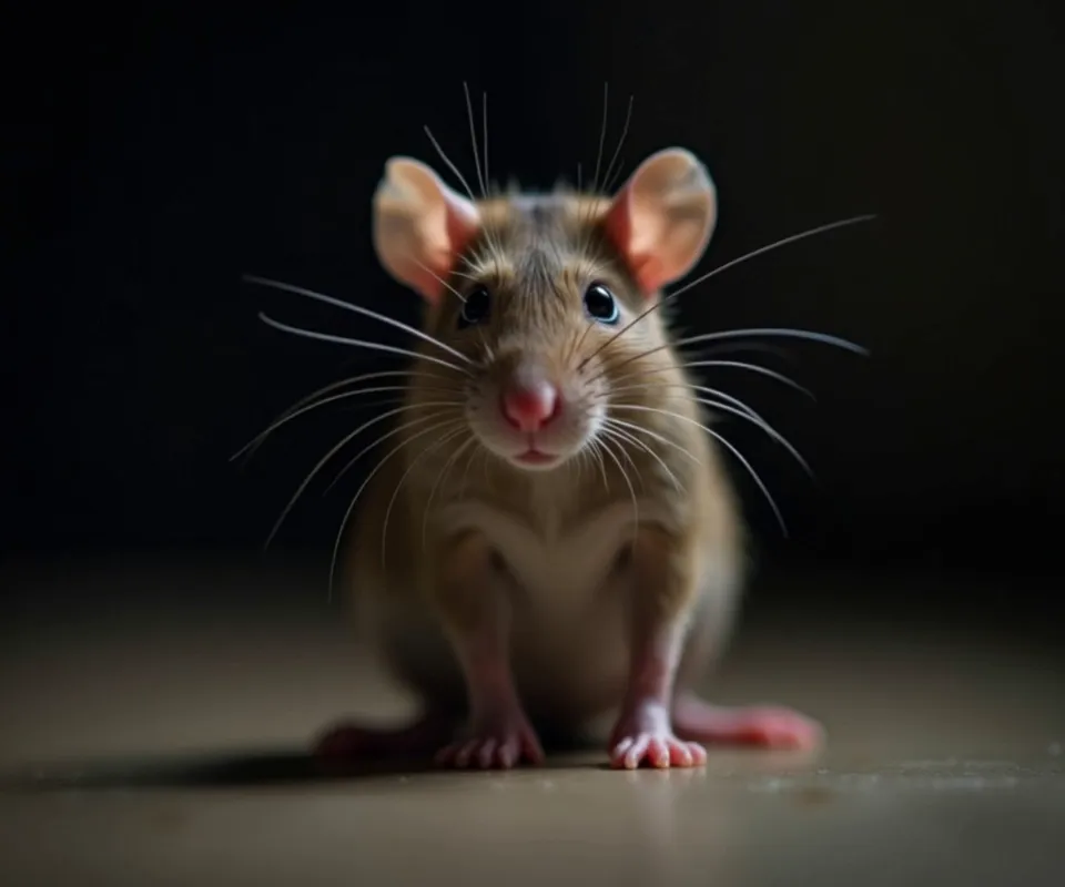 Trembling in the Shadows - A close-up image of a rat beginning to tremble in dramatic, dim lighting. The background is blurred and shadowy to convey tension, emphasizing the rat's anxious body language.Rat starts shaking → dramatic cut before showing death, then fade to water swirling in a drain → Quick overlay text: “A Dose Too Small to Notice… - AI video generated with Kling 2.1 Standard