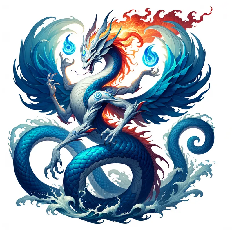 Triarmored Aqua Elemental - A striking Pokemon with a trifecta of arms, its gray and blue form encircled by water and carrying a huge water shuriken, its tail a blazing plume of fire. - AI image generated with Art