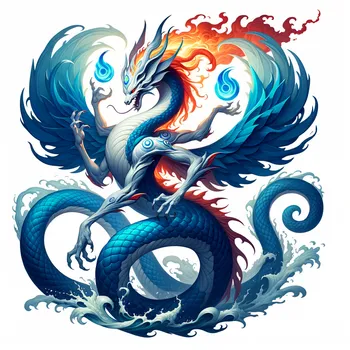 Triarmored Aqua Elemental: a serpentine dragon of blue water and white foam with flame-colored fins, painted in flowing ink