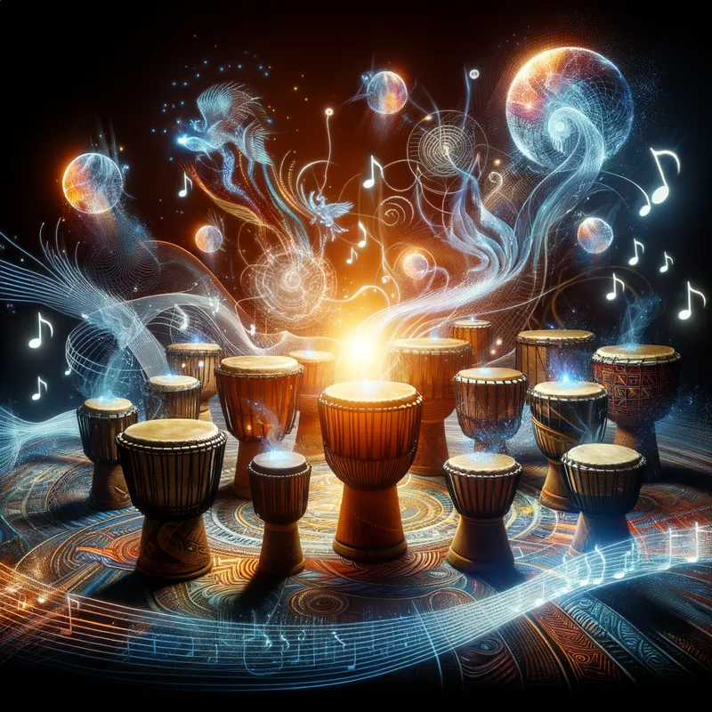 Tribal Heartbeat - A powerful assemblage of ancient african drums, their rhythms echoing through a mystical, otherworldly setting. - AI image generated with Art