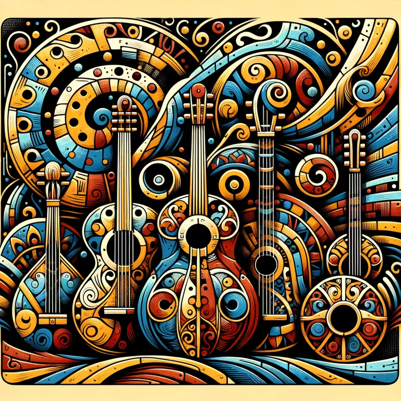 Tribal Symphony - A vivid representation of musical instruments adorned with Gaudiano-inspired tribal designs, creating a harmonious blend of sound and visual art. - AI image generated with Art