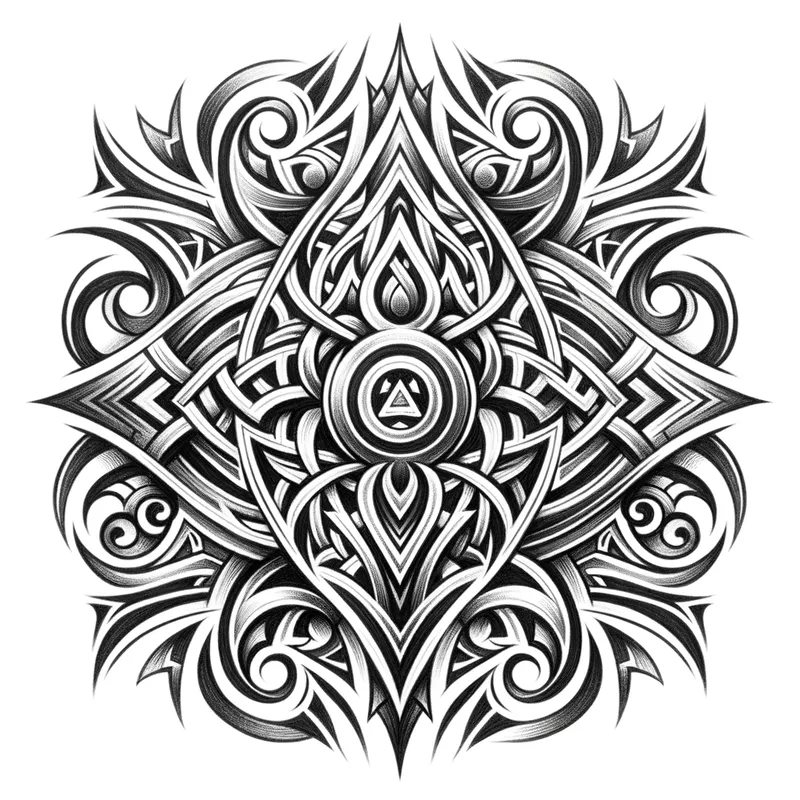 Tribal Tattoo Sketch - A detailed pencil sketch of a tribal-style tattoo design, featuring intricate line work and geometric patterns. - AI image generated with Art