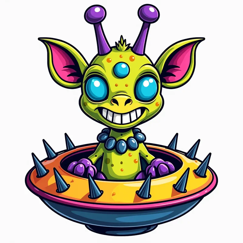Tri-eyed Giraffe Alien - line art illustration of a cartoonish brightly coloured monster with three blue eyes in a line on its forehead, a giraffe head, a wide smile, and sharp teeth is centered in the image, featuring purple antennae with oval tips, green and pink ears, and purple feet and hands, set against a plain white background. It is wearing a gothic collar with huge metal spikes sticking out, and sitting inside a brightly coloured spaceship which has metal spikes around the edge.. the aliens legs are inside the ship, and it is facing straight on to the viewer - AI image generated with Photorealistic 2