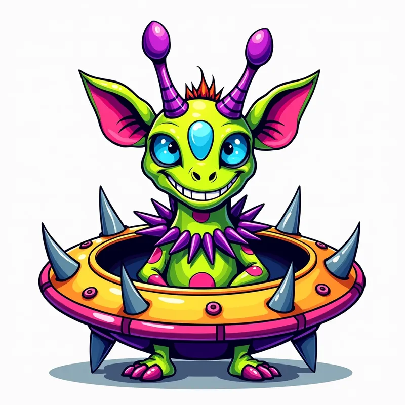 Tri-eyed Giraffe Alien - line art illustration of a cartoonish brightly coloured monster with three blue eyes in a line on its forehead, a giraffe head, a wide smile, and sharp teeth is centered in the image, featuring purple antennae with oval tips, green and pink ears, and purple feet and hands, set against a plain white background. It is wearing a gothic collar with huge metal spikes sticking out, and sitting inside a brightly coloured spaceship which has metal spikes around the edge.. the aliens legs are inside the ship, and it is facing straight on to the viewer - AI image generated with Photorealistic 2