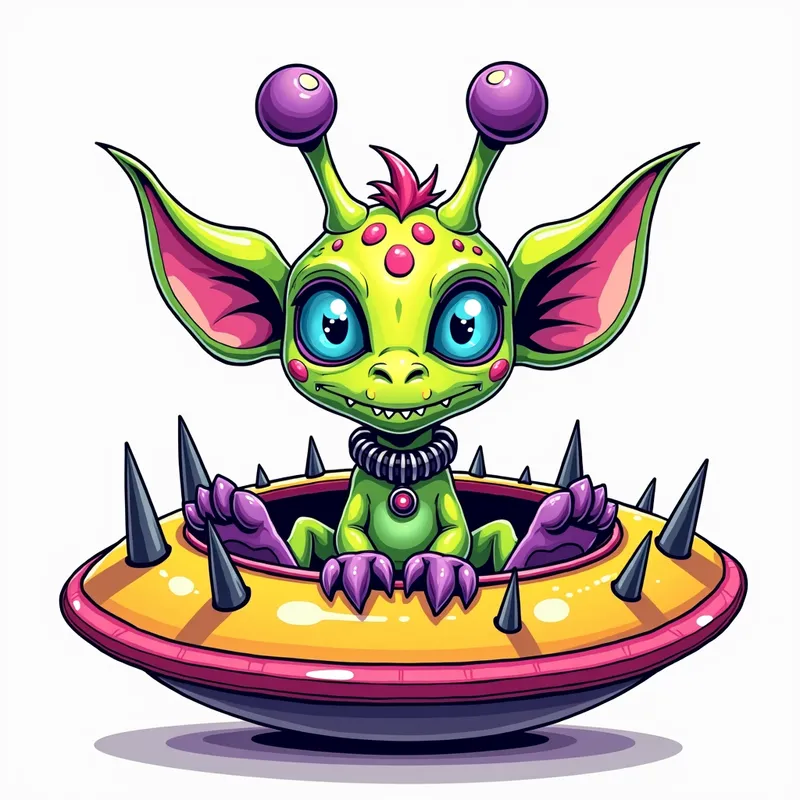 Tri-eyed Giraffe Alien - line art illustration of a cartoonish brightly coloured monster with three blue eyes in a line on its forehead, a giraffe head, a wide smile, and sharp teeth is centered in the image, featuring purple antennae with oval tips, green and pink ears, and purple feet and hands, set against a plain white background. It is wearing a gothic collar with huge metal spikes sticking out, and sitting inside a brightly coloured spaceship which has metal spikes around the edge.. the aliens legs are inside the ship, and it is facing straight on to the viewer - AI image generated with Photorealistic 2