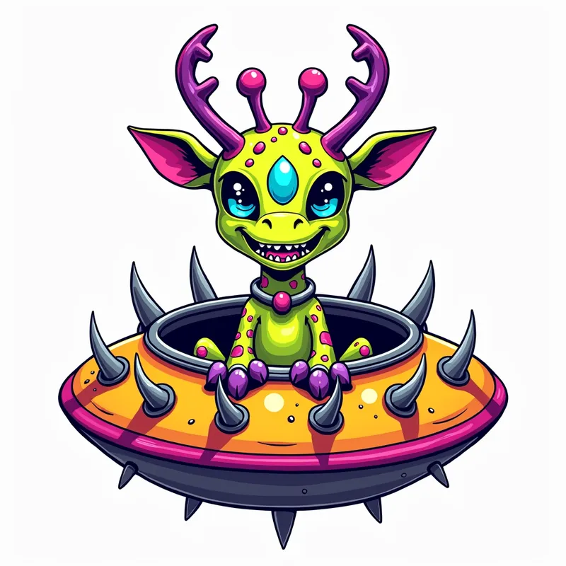 Tri-eyed Giraffe Alien - line art illustration of a cartoonish brightly coloured monster with three blue eyes in a line on its forehead, a giraffe head, a wide smile, and sharp teeth is centered in the image, featuring purple antennae with oval tips, green and pink ears, and purple feet and hands, set against a plain white background. It is wearing a gothic collar with huge metal spikes sticking out, and sitting inside a brightly coloured spaceship which has metal spikes around the edge.. the aliens legs are inside the ship, and it is facing straight on to the viewer - AI image generated with Photorealistic 2