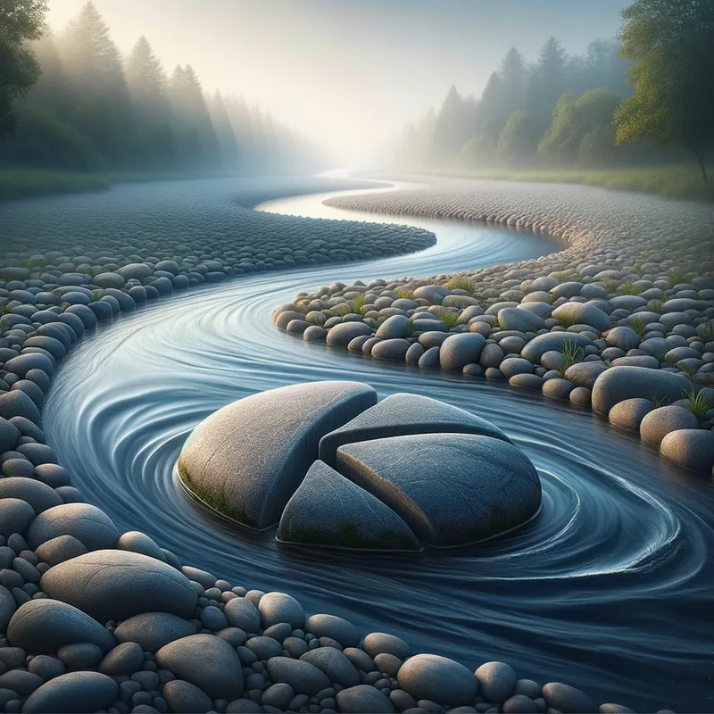 Triptych of Timelessness - A serene, slow-moving stream meanders through a tranquil landscape, its bed lined with smooth stones. Prominent among them, a single stone has broken into three distinct pieces, creating a visual metaphor for the cycles of nature and the resilience of the natural order. - AI image generated with Art