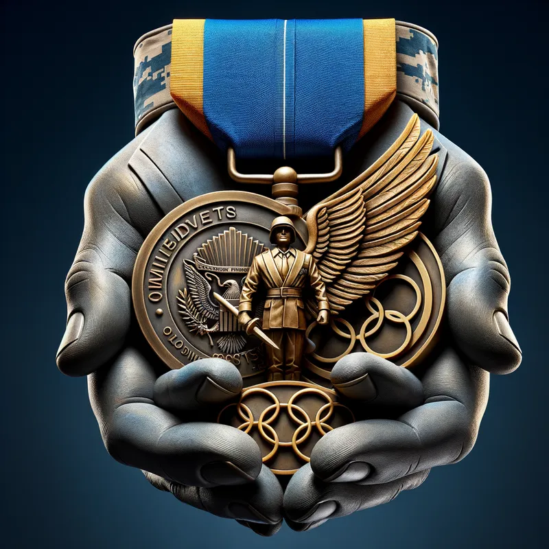 Triumphs United - An inspired sculpture featuring a Military Medal, an Olympic Medal, and a Blue Ribbon Icon in a seemingly random but artistically balanced arrangement. The blue ribbon physically supports the heavy medallions, symbolizing the interconnectedness of different forms of achievement and recognition. - AI image generated with Art