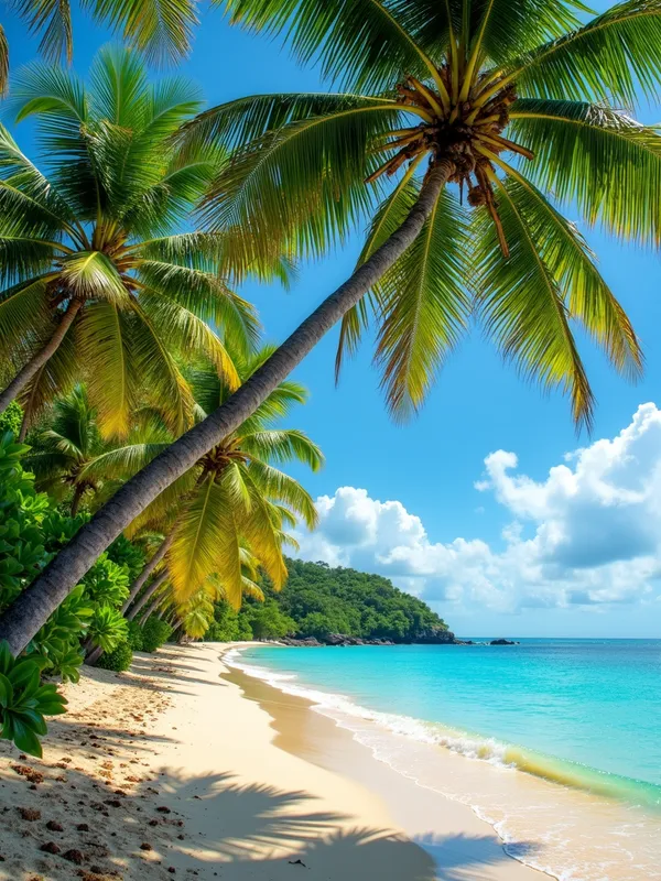 Tropical Beach Oasis - A serene beach scene featuring lush greenery and majestic palm trees swaying gently in the breeze. The golden sand meets the crystal-clear turquoise waters, with vibrant green trees providing shade and an inviting, tranquil atmosphere. In the background, a brilliant blue sky with a few scattered, fluffy clouds completes this tropical paradise. - AI image generated with Photorealistic 2