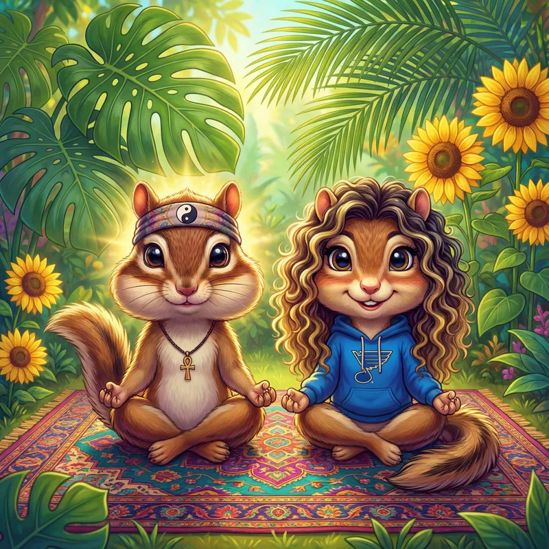 Tropical Chipmunk Tranquility - An uplifting scene of a chipmunk couple meditating on a detailed Indian rug, surrounded by flourishing tropical greenery and vibrant sunflowers. The big-eyed male chipmunk wears a headband with a yin-yang emblem and has an ankh hanging from a necklace, his aura emanating light. His bubbly wife has long, dark-blond highlighted hair and is comfortably dressed in a St. Louis Blues hoodie. - AI image generated with 4K Pro - vivid colors, highlights: Nikon D700, Nikkor 50mm 1.8, cartoony