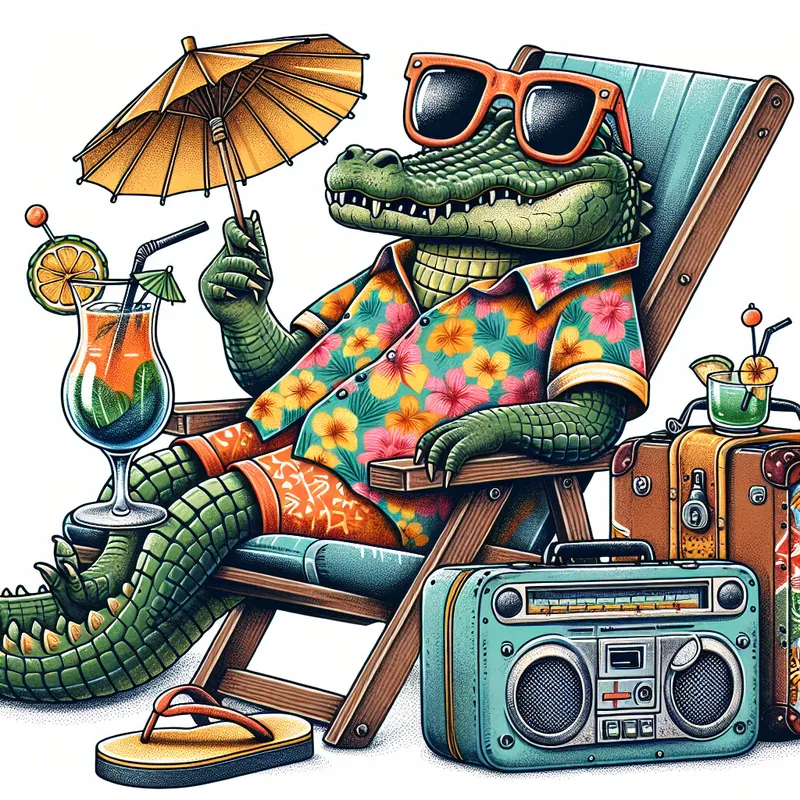 Tropical Gator Getaway - An alligator enjoying a tropical beach vacation, illustrated without a background. The gator relaxes in a beach chair, wearing a bright Hawaiian shirt, flip flops, and big sunglasses, holding a thrifted cocktail glass with a paper umbrella. Beside the gator, there are vintage luggage and a boombox. - AI image generated with DALL-E 3