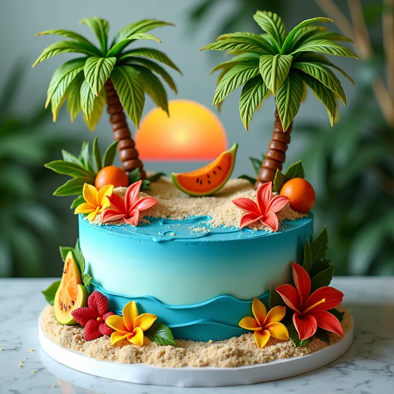 Tropical Paradise Birthday Cake - A stunning birthday cake inspired by a tropical paradise, complete with edible palm trees, exotic fruits, and bright, tropical flowers. The scene is set on a sandy beach with clear blue waters, a setting sun, and a relaxed, celebratory vibe. - AI image generated with Photorealistic 2