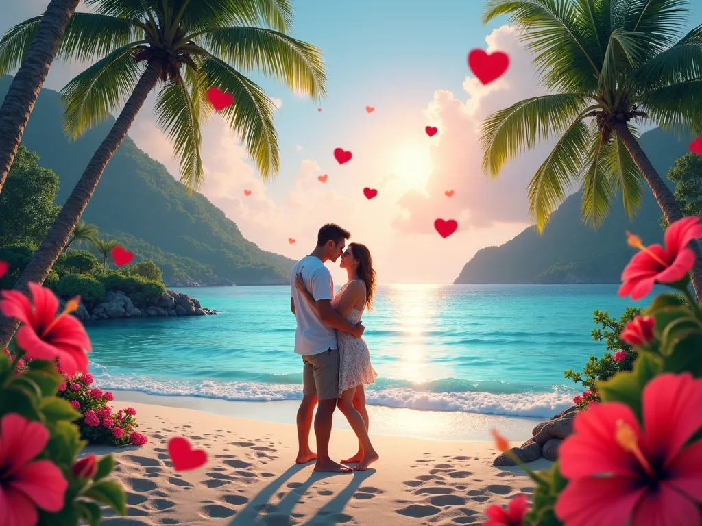 Tropical Romance - A tranquil, romantic getaway on a lush, tropical island. A couple embraces near a rainbow-hued lagoon surrounded by vibrant hibiscus flowers and towering palm trees. Dreamy pastel colors and floating love hearts create an enchanting and serene atmosphere. - AI image generated with Photorealistic 2 - photorealistic