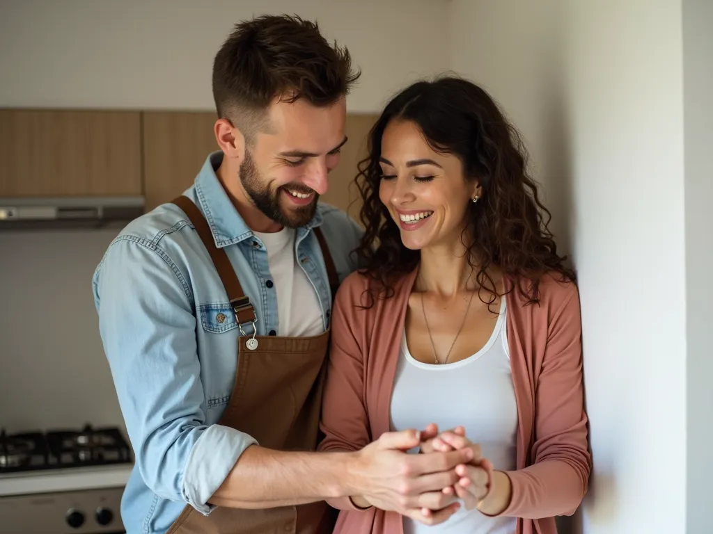 True Partnership - A couple working together on a home improvement project, the husband smiling and encouraging his wife, demonstrating the balance of love and sacrifice in everyday life. - AI image generated with Photorealistic 2