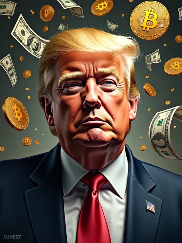 Trump in Crypto World - A creative representation of Donald Trump surrounded by Bitcoin icons and dollar bills, signifying his influence on financial markets. The artwork combines realistic and abstract styles, with dynamic light effects and textures. - AI image generated with Photorealistic 2 - photorealistic