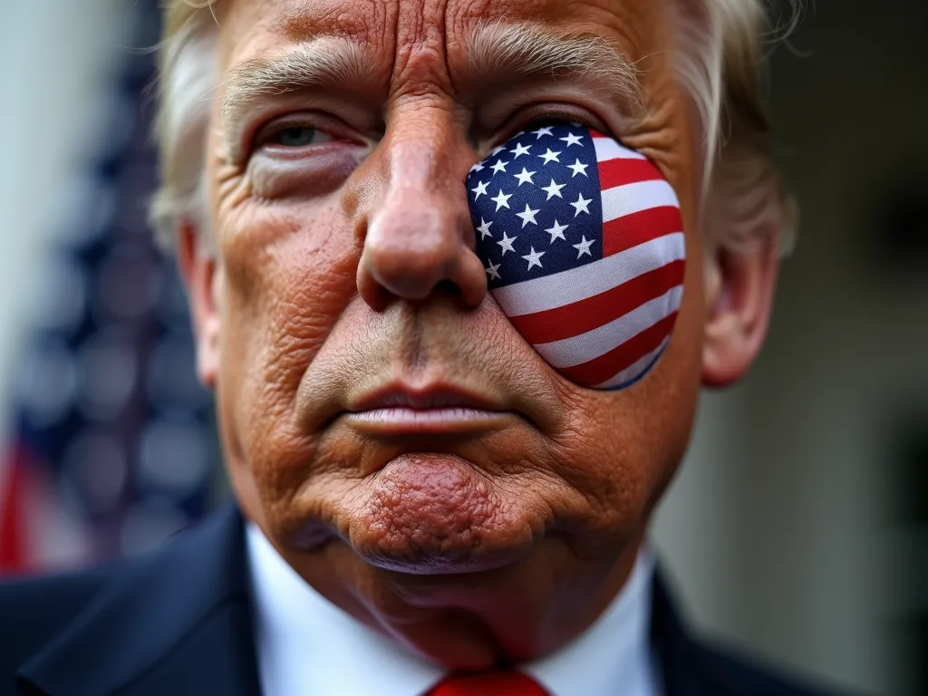Trump's Resolute Gaze - Donald trump standing strong with the american flag reflected in his eye - AI image generated with Photorealistic 2 - close-up macro photograph, picture of the day